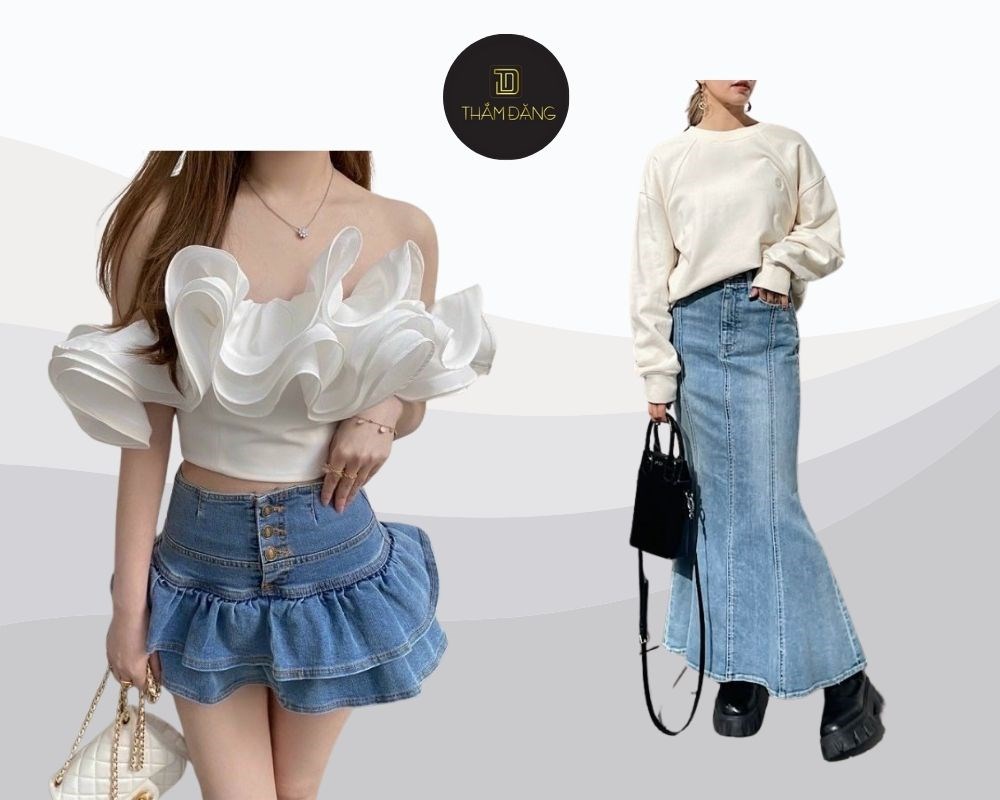 Chân váy jean dáng xòe là lựa chọn hoàn hảo cho cô nàng mảnh mai, giúp tạo sự cân đối cho cơ thể