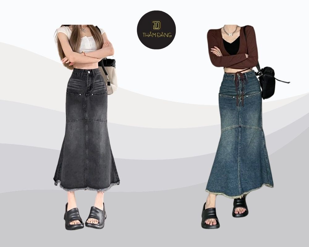 Phối chân váy jean đi đám cưới, thiết kế đuôi cá giúp tôn lên vòng 3 đầy đặn, phối với áo hai dây nhẹ nhàng cho đám cưới mùa hè