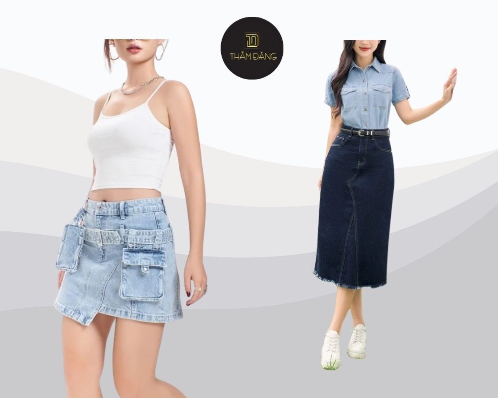 Chân váy jean cạp cao giúp tôn lên vòng eo thon, hoàn hảo khi kết hợp với áo thun in hoặc blouse thanh lịch