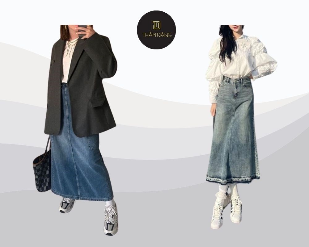 Chân váy jean xòe kết hợp áo sơ mi trắng và blazer nhẹ - cách phối chân váy jean đi đám cưới mang đến vẻ năng động nhưng vẫn thanh lịch