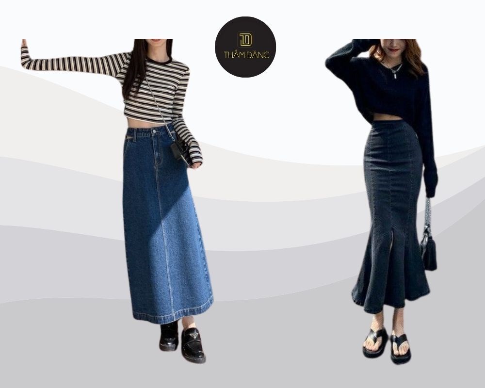 Chân váy jean midi, áo crop top và cardigan mỏng tạo vẻ hiện đại và thanh lịch cho đám cưới semi-formal