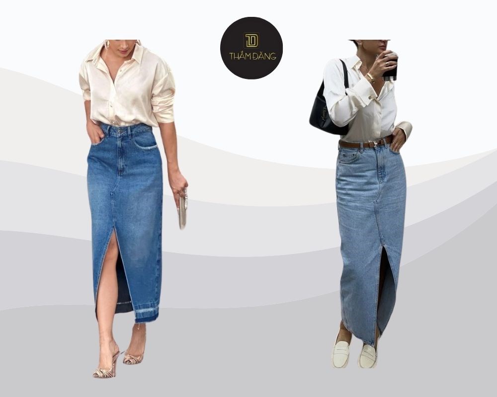 Chân váy jean bút chì và áo blouse lụa giúp bạn vừa chuyên nghiệp lại sang trọng, set đồ phù hợp đám cưới buổi tối