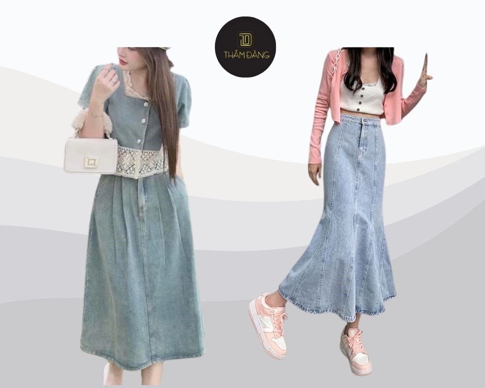 Chân váy jean dáng dài kết hợp áo ren và phụ kiện tối giản mang đến vẻ đẹp nữ tính, lãng mạn cho đám cưới ấm cúng