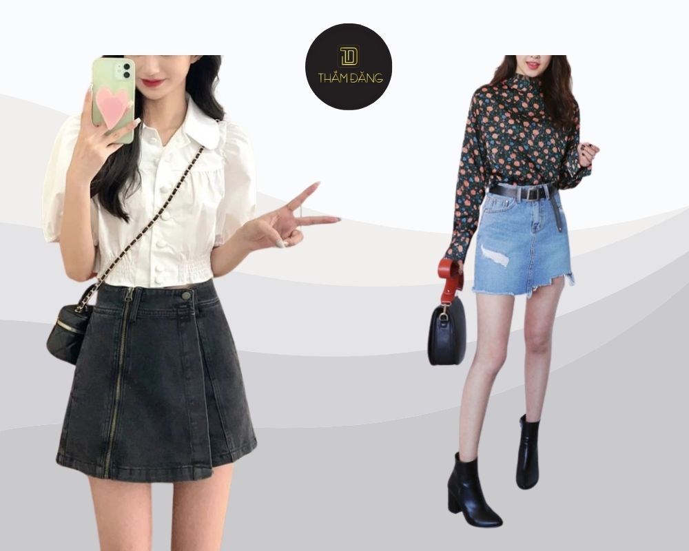 Áo tay phồng kết hợp với chân váy jean và ankle boots là phong cách trẻ trung, lý tưởng cho tiệc cưới ngoài trời