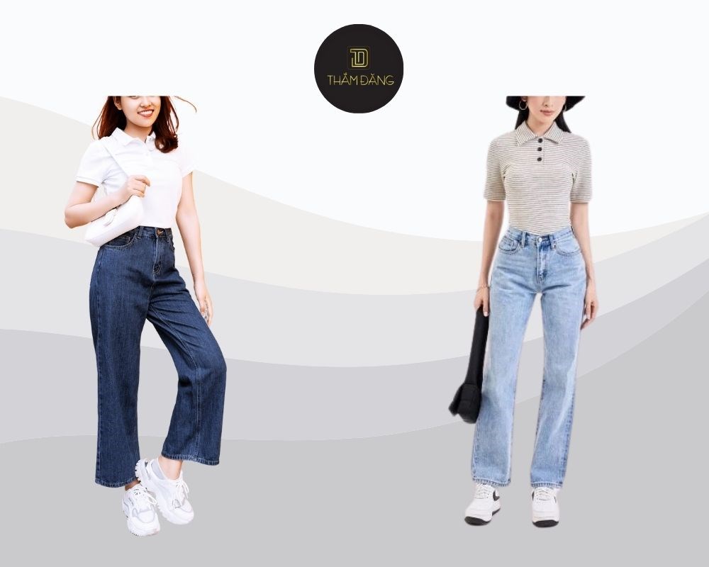 Vẻ ngoài sporty, năng động và chỉn chu với quần jean ống rộng và áo polo, phù hợp cho đi học, dạo phố