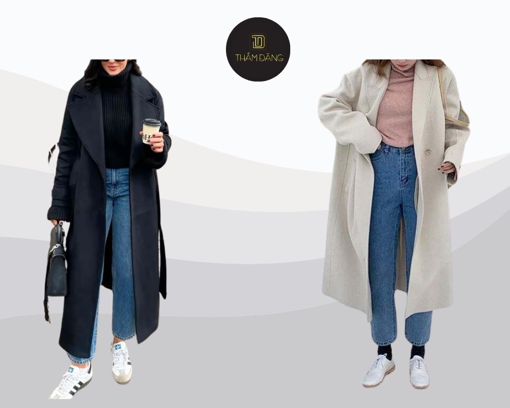 cách phối đồ với áo choàng dạ với quần jeans ấm áp