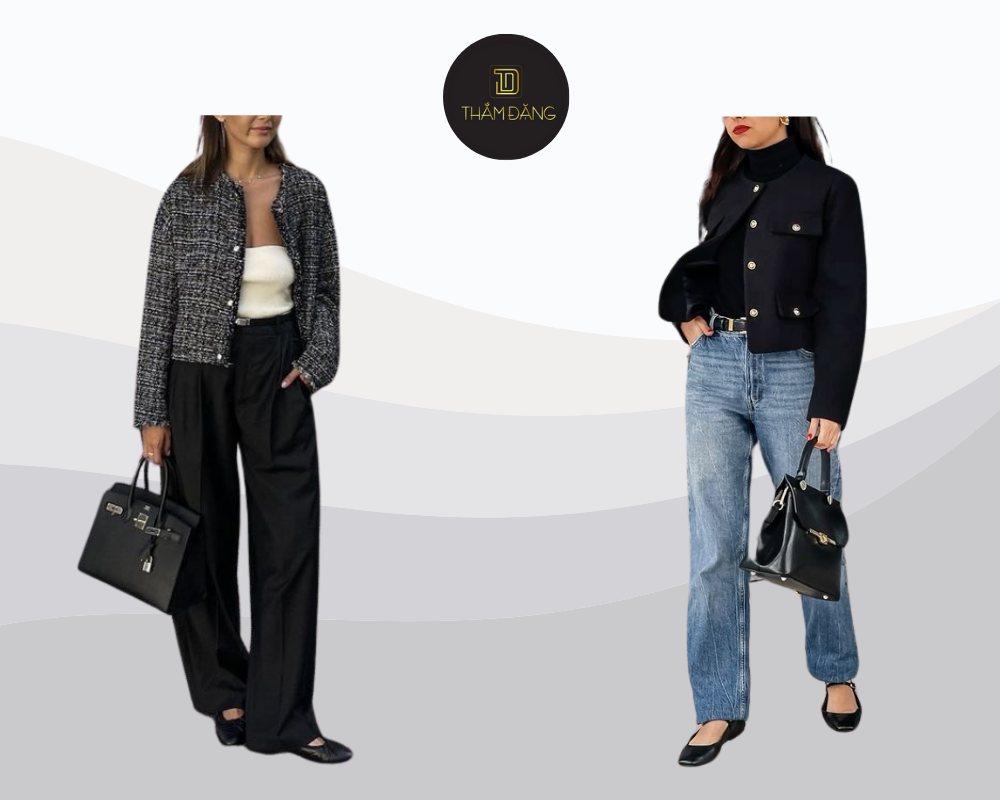 Phối đồ với áo dạ ngắn tweed cùng quần ống suông thanh lịch tôn dáng cho công sở sang trọng
