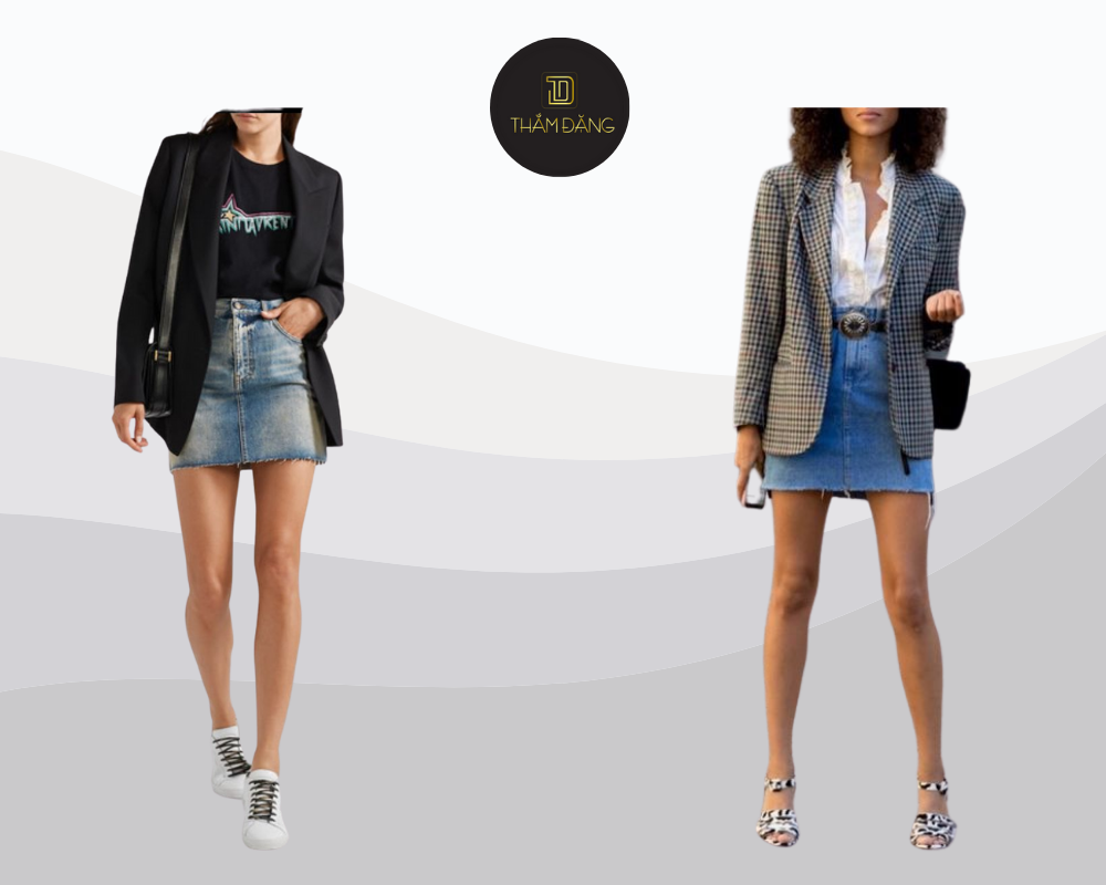 phối áo dạ với chân váy jeans năng động cho ngày đông se lạnh