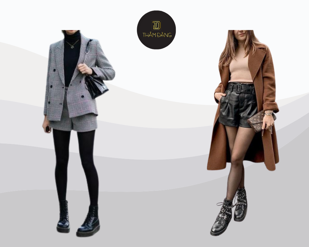 phối đồ với áo dạ và quần short để khoe khéo đôi chân thon