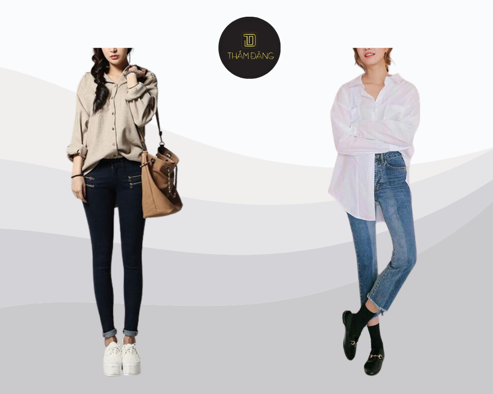 Cách phối áo sơ mi rộng kết hợp quần skinny tạo phong cách năng động, thanh thoát.