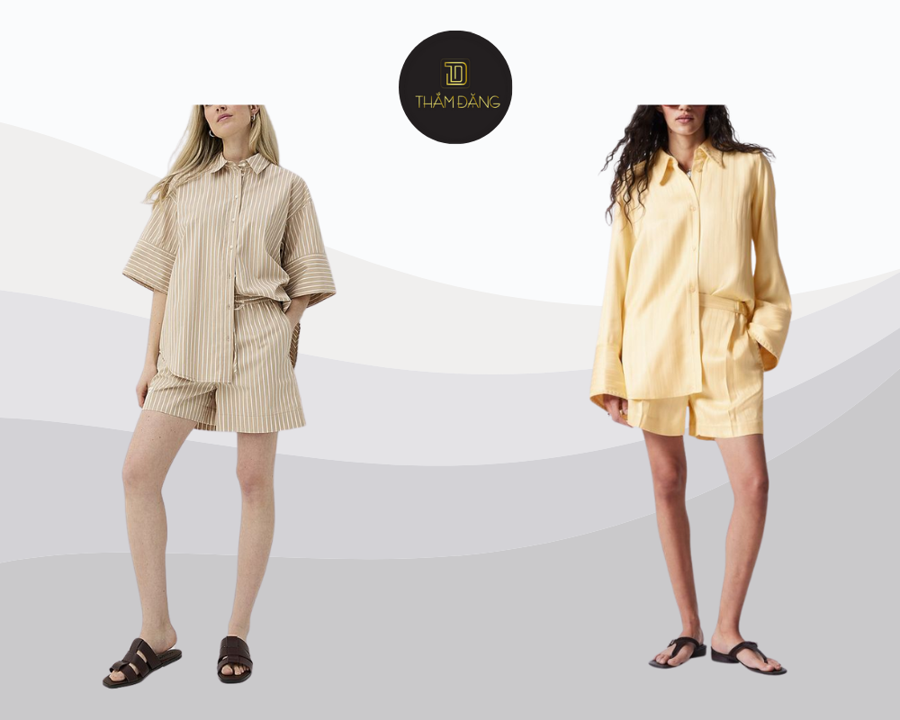 Phối đồ với áo sơ mi nữ và quần short cùng màu tạo phong cách monochrome tinh tế, hiện đại.
