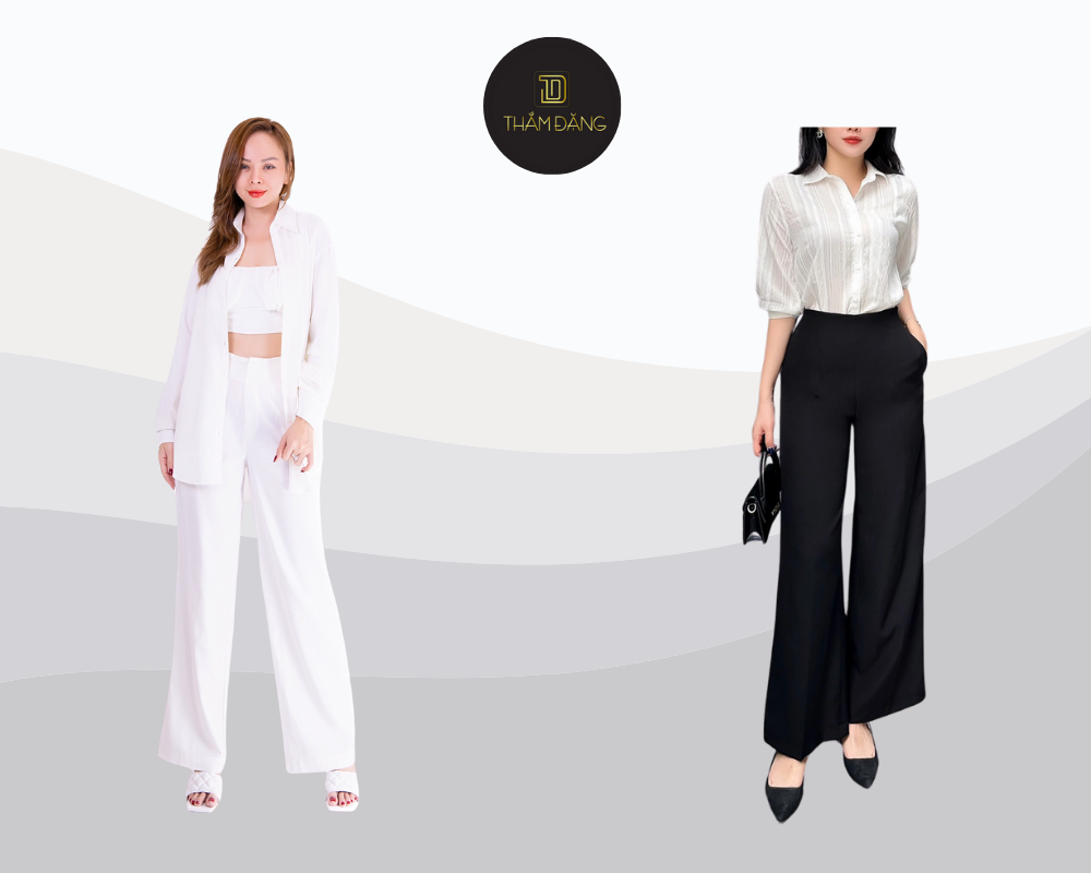 Thanh lịch công sở với cách phối đồ với áo sơ mi trắng và quần tây ống rộng thời thượng.