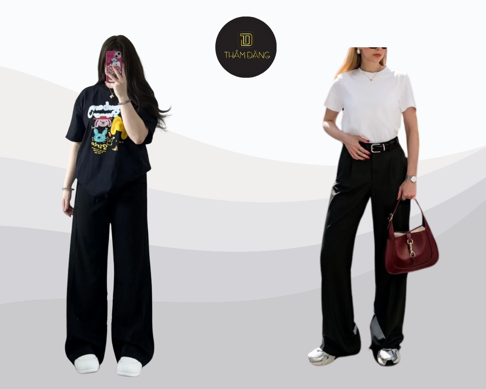 Phối đồ với quần ống rộng đen và áo thun basic tạo phong cách trẻ trung năng động.