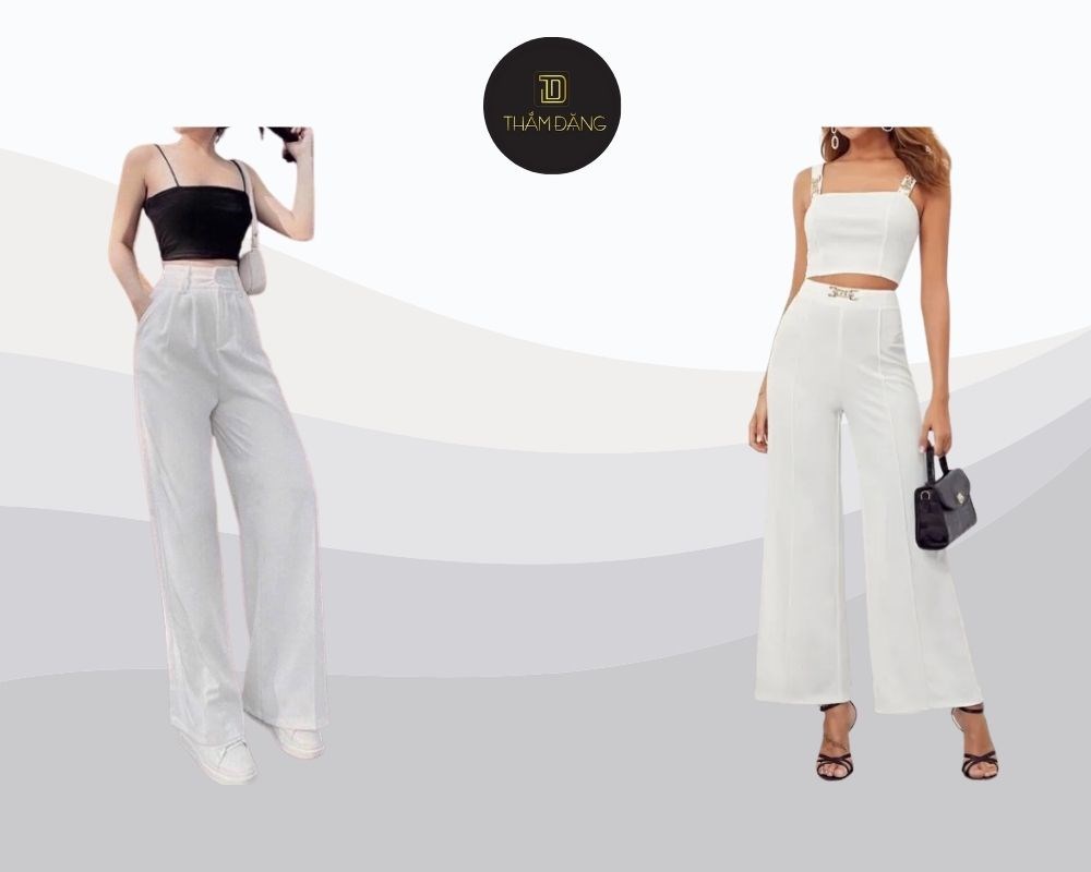 phối đồ với quần ống rộng trắng với áo 2 dây