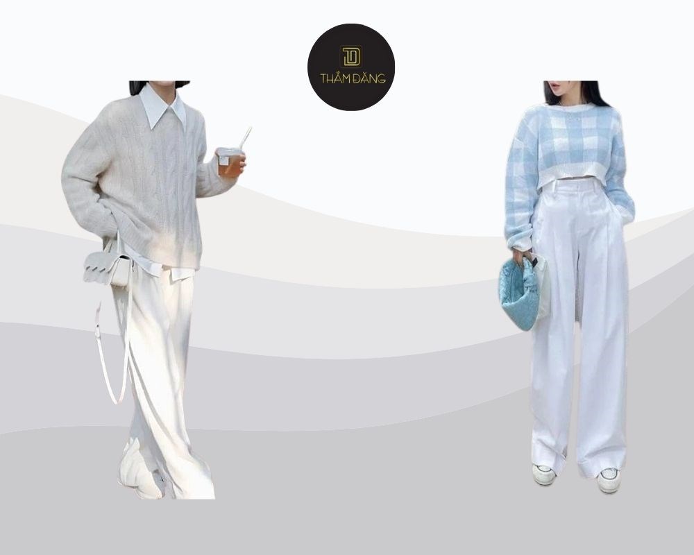 phối đồ với quần ống rộng trắng ấm áp