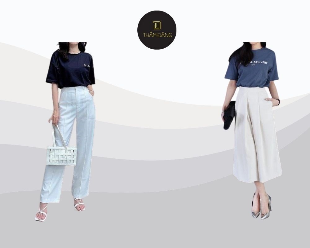 phối đồ với quần ống rộng trắng đơn giản