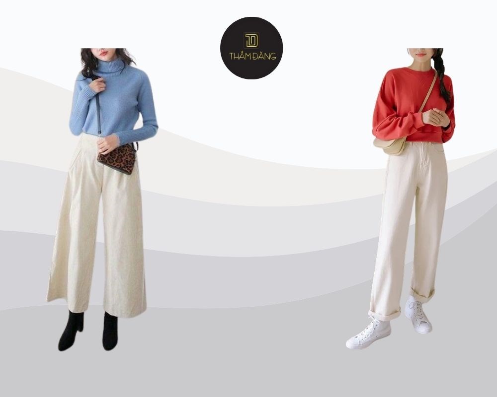 phối đồ với quần ống rộng trắng phong cách