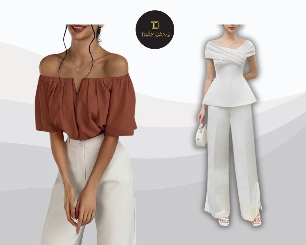 Với áo trễ vai cổ V, bạn sẽ khoe trọn bờ vai gợi cảm, kết hợp quần ống suông tôn dáng, phù hợp cho mọi buổi tiệc