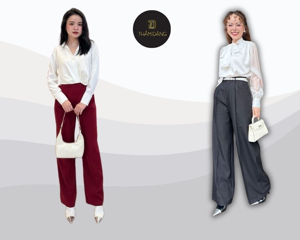 Set đồ thanh lịch, hoàn hảo cho công sở với áo sơ mi trắng kết hợp quần ống suông, phối đồ với quần ống suông nữ