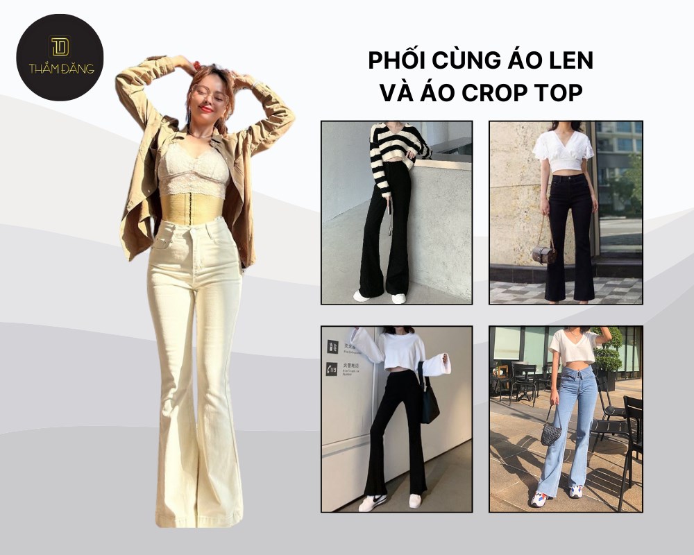 Quần bò jean ống loe phối cùng áo crop top làm nổi bật phong cách trẻ trung, hiện đại không kém phần nữ tính