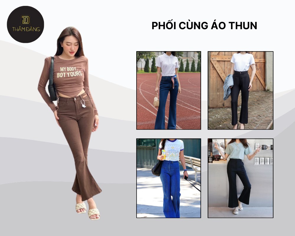 Phối style quần jean ống loe cùng áo phông tạo nên phong cách casual năng động
