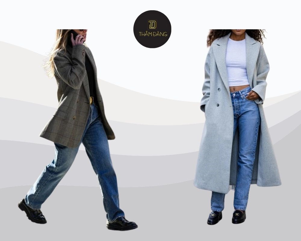 Đôi giày lười đế bệt thêm một chiếc áo khoác tạo nên phong cách đơn giản nhưng tinh tế khi kết hợp quần jeans ống rộng