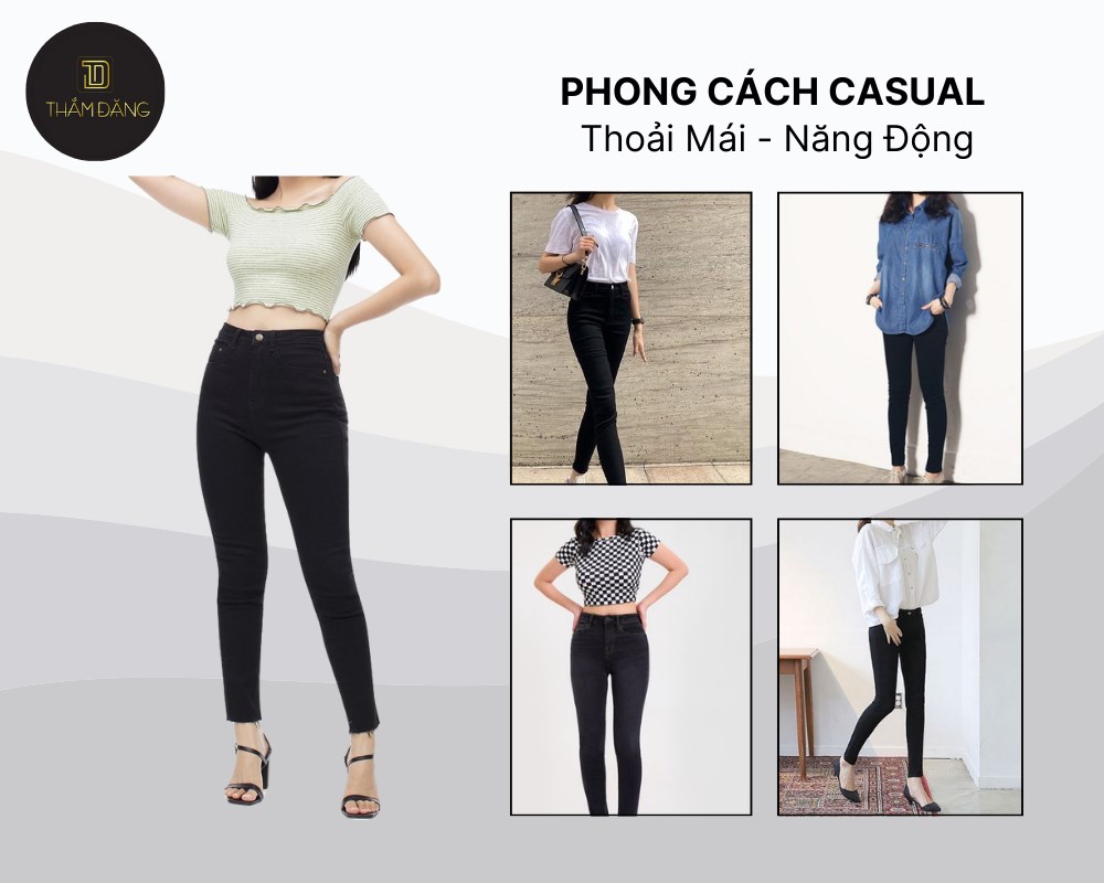 Phong cách casual thoải mái, năng động với quần jean cạp cao dáng skinny nữ màu đen cùng áo thun