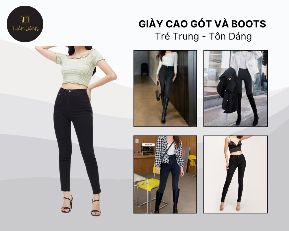 Quần jean cạp cao đen phối với giày cao gót mũi nhọn giúp tôn dáng và tăng vẻ nữ tính