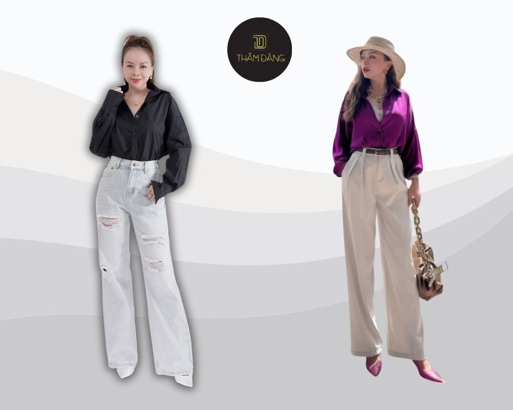 Thanh lịch và chuyên nghiệp với sự kết hợp giữa quần ống rộng dài và áo sơ mi. Đơn giản nhưng không kém phần nổi bật