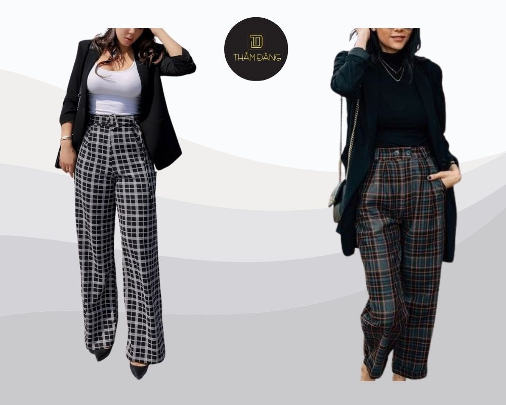 Áo blazer phối với quần sọc caro tạo nên một sự kết hợp giữa thanh lịch và cá tính