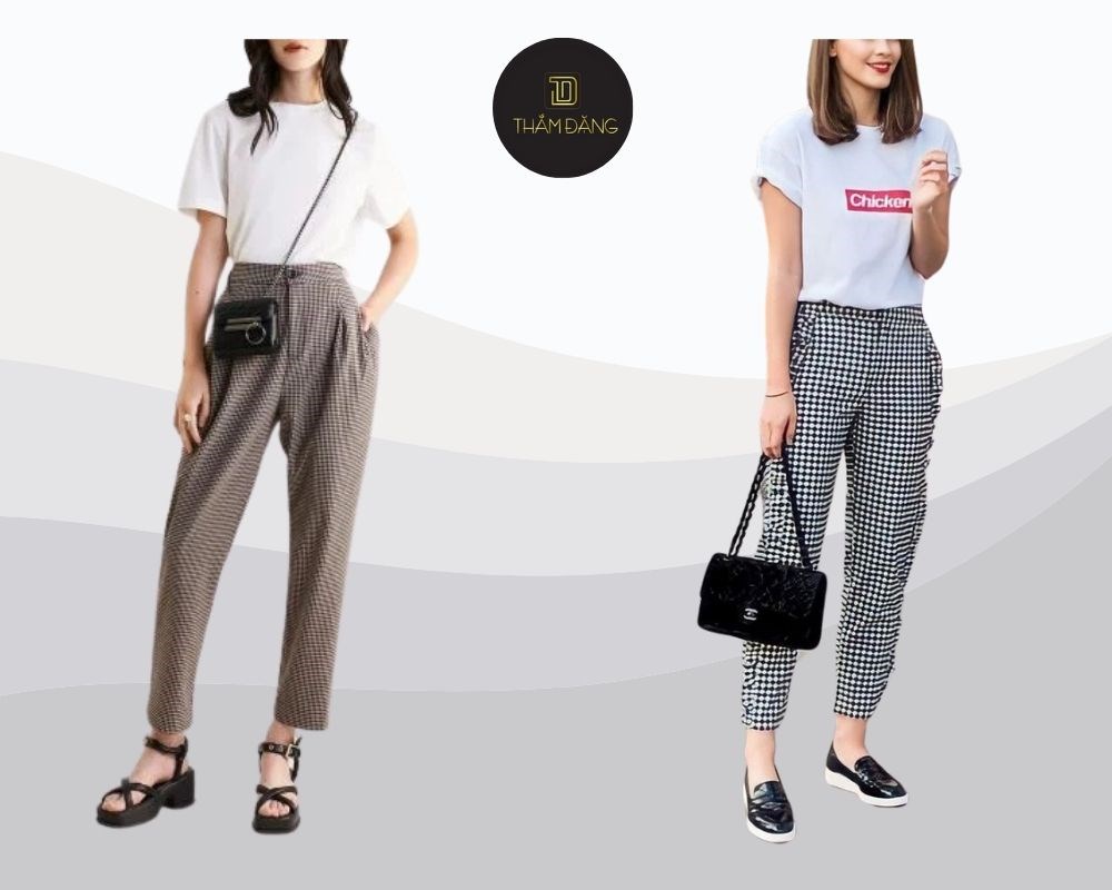Quần sọc caro kết hợp với áo phông trắng mang lại phong cách trẻ trung và năng động