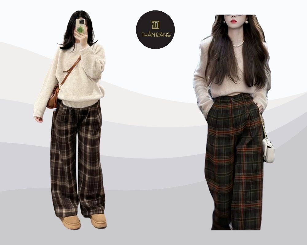 Với áo len màu trung tính như xám, be hoặc nâu, sự kết hợp này tạo nên một phong cách ấm áp và thanh lịch
