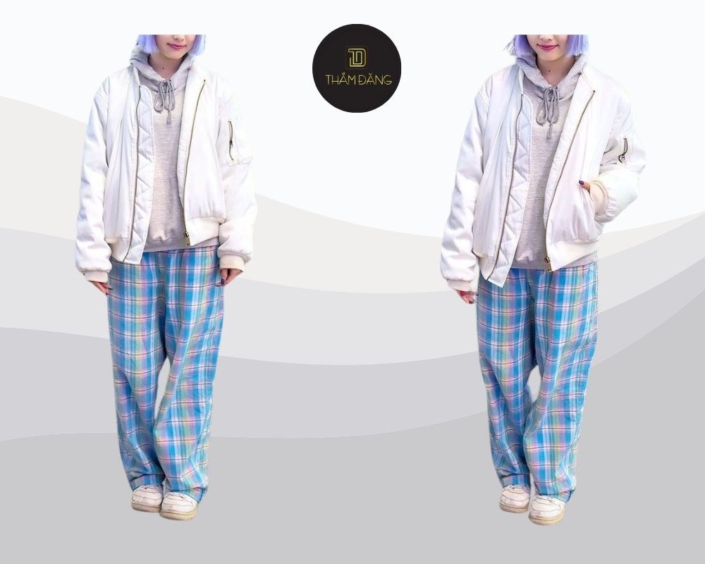 Street style cực chất với quần sọc caro và áo khoác bomber