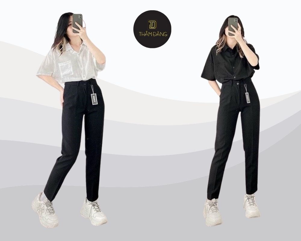 Cách phối giày với quần tây đen nữ - sơ mi trắng và sneaker trắng phong cách trẻ trung, thanh lịch