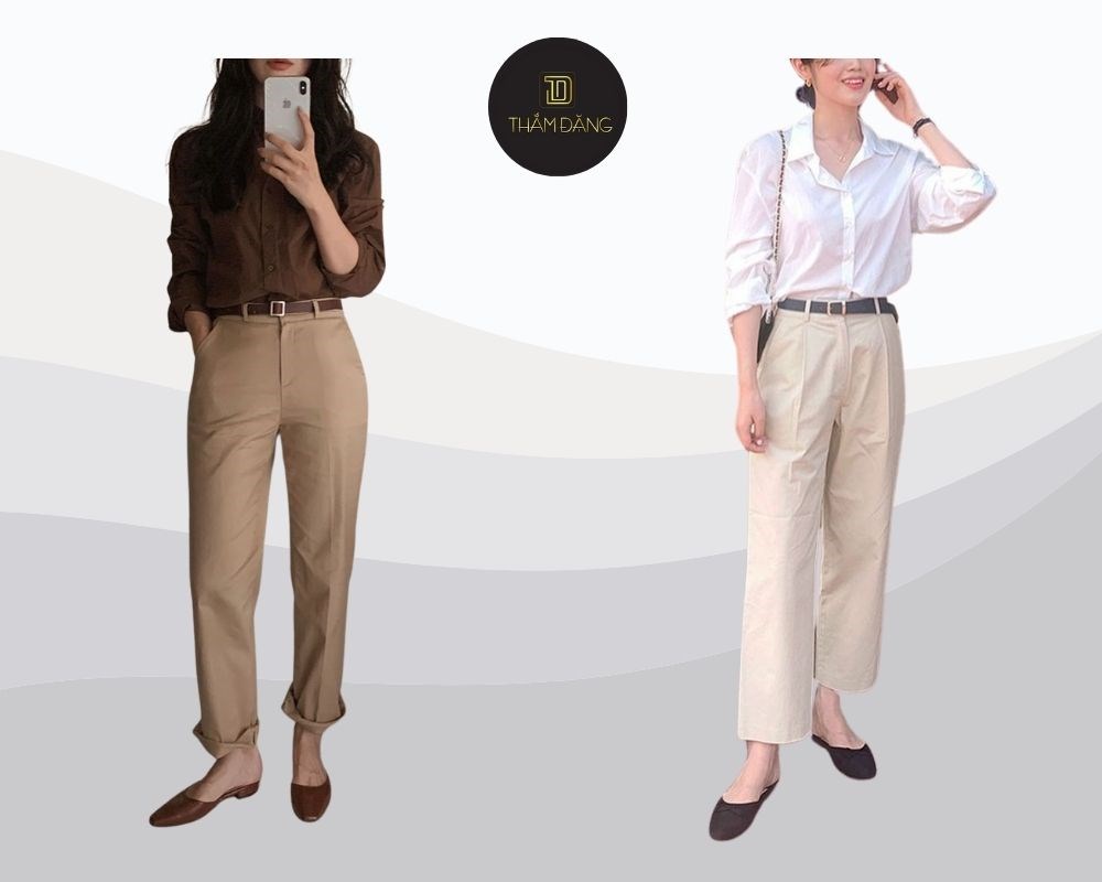 Giày mũi nhọn phối với áo sơ mi nữ và quần baggy ống đứng mang đến vẻ đẹp tinh tế