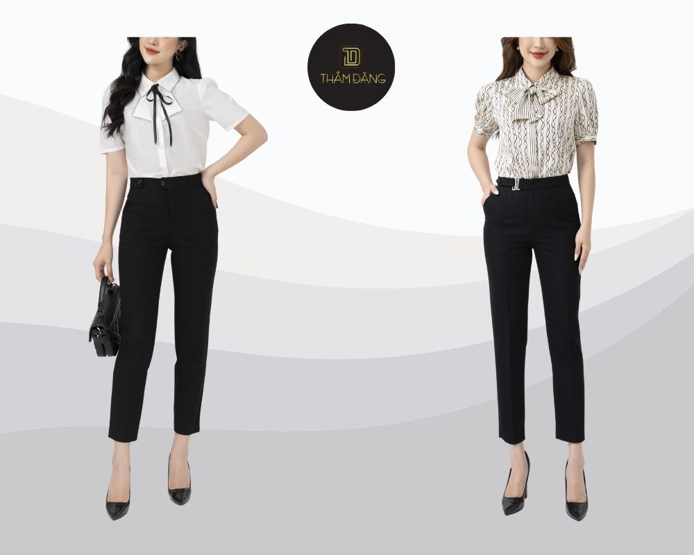 Set quần tây ống đứng, sơ mi lụa và giày gót nhọn phong cách thanh lịch, sang trọng