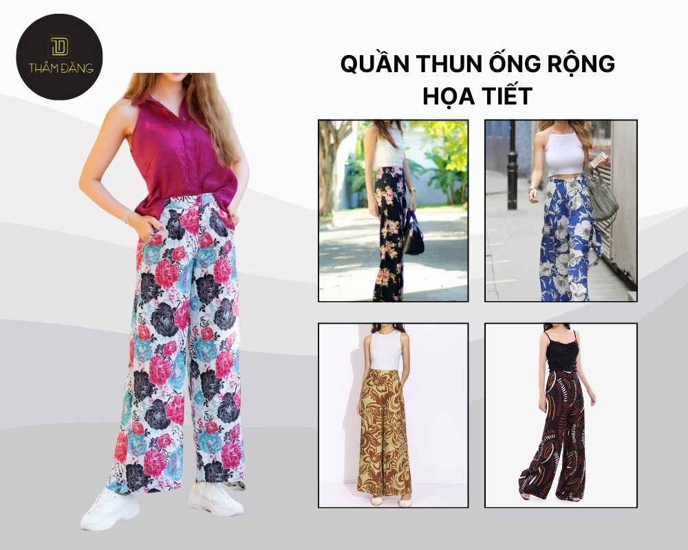Quần thun ống rộng họa tiết mặc cùng áo lụa thể hiện cá tính riêng biệt và tôn dáng