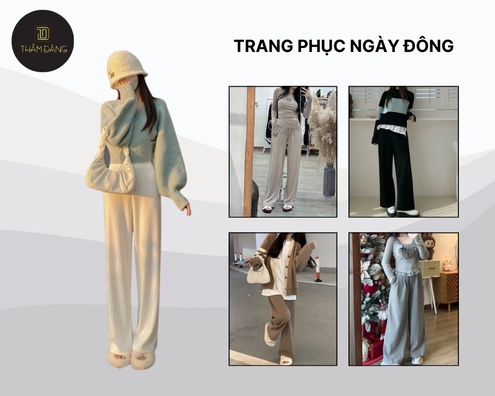 Layer áo len dáng rộng phối với quần thun ống rộng giúp giữ ấm cho ngày đông